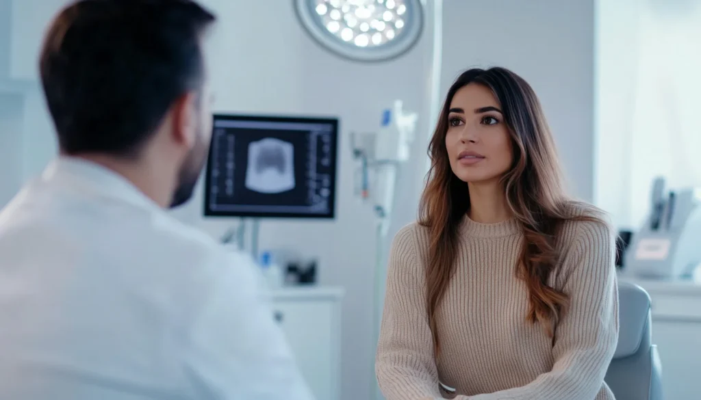 Female patient during a consultation with a dermatologist in a professional aesthetic medical clinic, Montreal