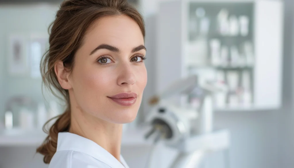 Confident woman in her late 30s with natural-looking lip fillers, photographed in a modern dermatology clinic in Montreal