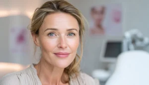 Portrait of a confident woman in her early 40s with healthy, natural-looking skin at a dermatology clinic in Montreal.